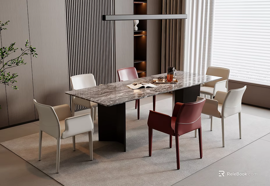 Modern Interior Dining Table Set With Marble Top And White Red Beige Chairs 3d model