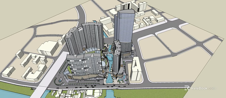 Modern Commercial Complex With High Rise Buildings And Central Water Feature 3d model 