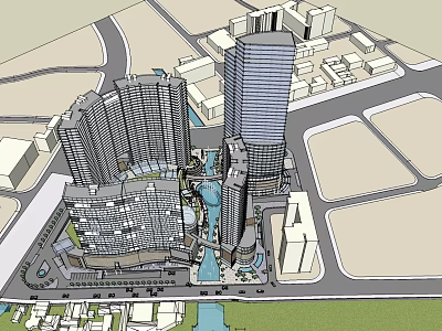 Modern Commercial Complex With High Rise Buildings And Central Water Feature 3d model