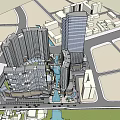 Modern Commercial Complex With High Rise Buildings And Central Water Feature