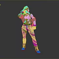 Woman With Purple Hair And Sunglasses Wearing Red Top Green Jacket Purple Pants Orange Belt