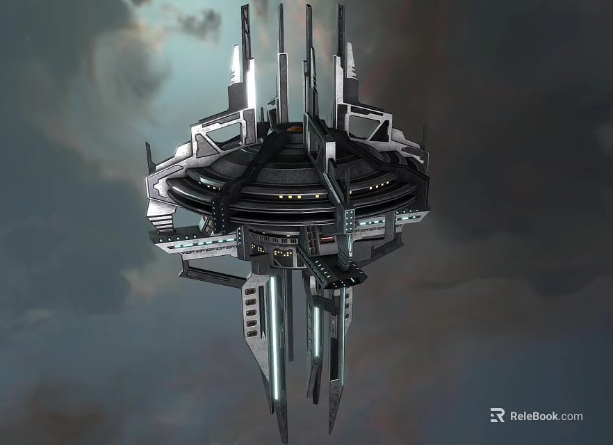 Futuristic Floating Mechanical Structure Featuring Circular Platform And Metallic Spires 3d model