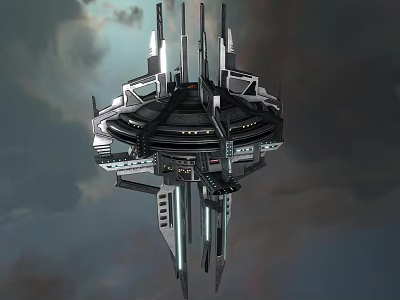 Futuristic Floating Mechanical Structure Featuring Circular Platform And Metallic Spires 3d model