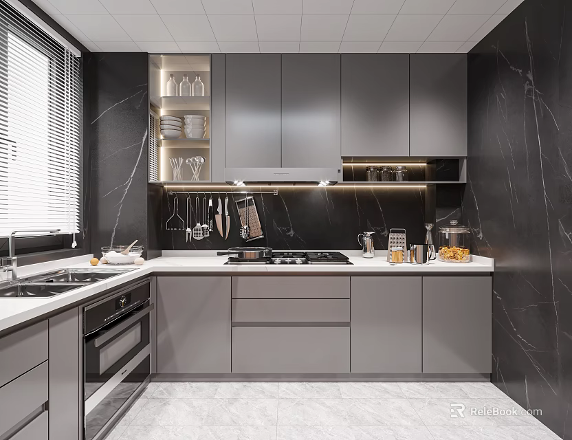 Modern Open Concept Dining And Living Area With Grey Kitchen Cabinets And Marble Walls 3d model 