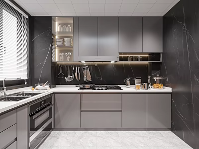 Modern Open Concept Dining And Living Area With Grey Kitchen Cabinets And Marble Walls 3d model