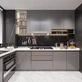 Modern Open Concept Dining And Living Area With Grey Kitchen Cabinets And Marble Walls