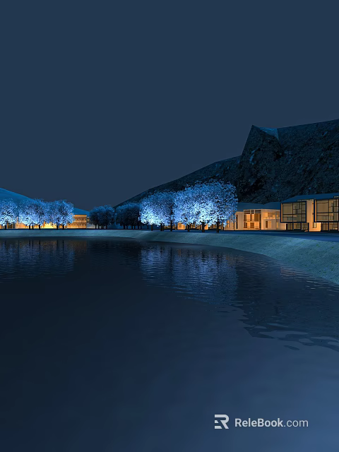 Birds Eye View Planning of Scenic Nighttime Waterfront with Illuminated Buildings and Trees 3d model 