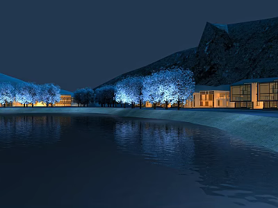Birds Eye View Planning of Scenic Nighttime Waterfront with Illuminated Buildings and Trees 3d model