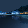 Birds Eye View Planning of Scenic Nighttime Waterfront with Illuminated Buildings and Trees