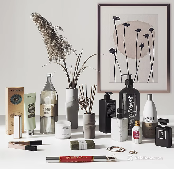 Elegant Decorative Ornament Set With Vases Aromatherapy Bottles Reed Diffusers And Small Plants 3d model