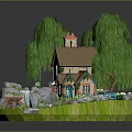 Whimsical Cartoon Scene with Cottage Weeping Willow Trees Waterfall Blue Car and Green Lawn