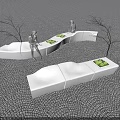 Curved White Landscape Seats With Green Plant Planters And Silver Sculptures On Cobblestone Ground