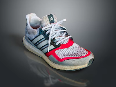 Gray And White Running Shoes With Red Accents Mesh Upper And Three Stripes Design 3d model