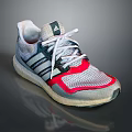 Gray And White Running Shoes With Red Accents Mesh Upper And Three Stripes Design