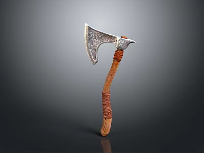 Medieval Battle Axe Featuring Silver Intricate Patterned Head and Wooden Brown Wrapped Handle 3d model
