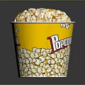 Two Yellow Popcorn Buckets With Printed Popcorn Design On Dark Reflective Background 3d model