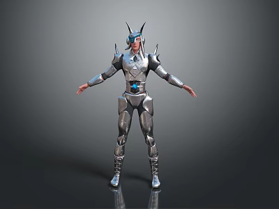 Man In Silver Futuristic Armor With Helmet And Blue Accent Standing On Dark Background 3d model