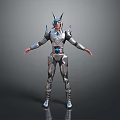 Man In Silver Futuristic Armor With Helmet And Blue Accent Standing On Dark Background