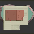Small Cabin with Red Roof Gray Walls Wooden Deck Railings Stairs and Pink Blue Base