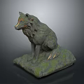 Mythical Wolf Game Character Sitting With Stone Mossy Texture And Golden Accents