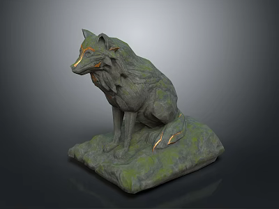 Mythical Wolf Game Character Sitting With Stone Mossy Texture And Golden Accents 3d model
