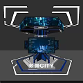 Futuristic Data City Display Island with Multiple Screens Blue Lighting and Geometric Frames 3d model