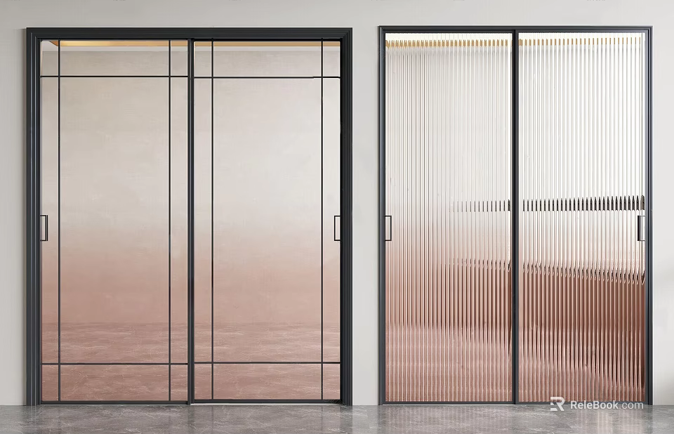 Modern Sliding Doors with Black Frames and Glass Design Featuring Vertical Lines and Gradient Effect 3d model