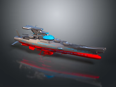Futuristic Sci Fi Warship Model with Gray Hull Red Bottom Blue Cockpit and Sleek Design 3d model