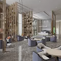 Modern Sales Office Lobby With Wooden Lattice Screens Marble Flooring And Comfortable Seating
