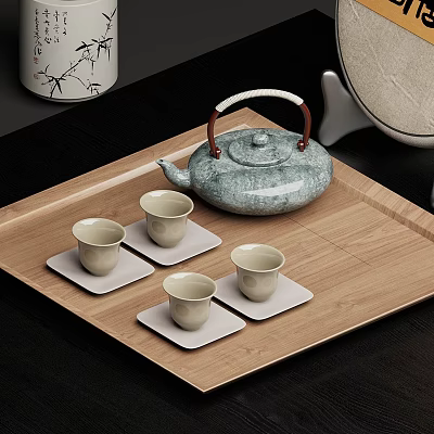 Green Ceramic Tea Set with Teapot Teacups and Square Coasters on Wooden Tray 3d model