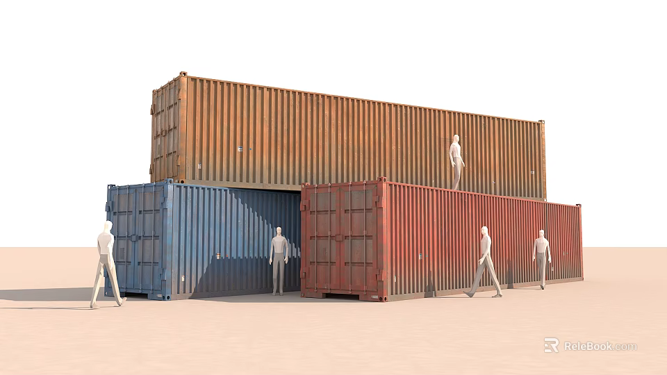 Container Building With Stacked Blue Red Brown Containers And Human Figures 3d model 