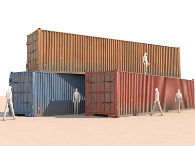 Container Building With Stacked Blue Red Brown Containers And Human Figures 3d model