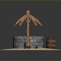 Traditional Well Structure With Wooden Thatched Roof Stone Bricks And Barrel
