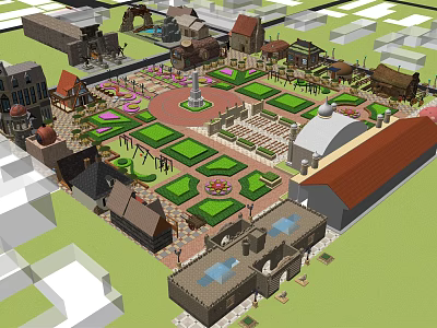 Scenic Commercial Street Plaza Featuring Greenery Fountain Traditional Buildings And Shops 3d model