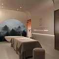 Elegant Minimalist Spa Room With Massage Bed Bathtub Wooden Panels And Foot Therapy