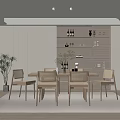 Minimalist Restaurant Interior With Wooden Dining Table Chairs Bookshelf With Wine Bottles And Green Plant