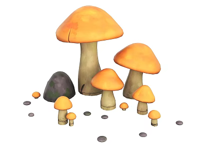 Orange Mushrooms of Various Sizes With Small Stones in Natural Arrangement 3d model