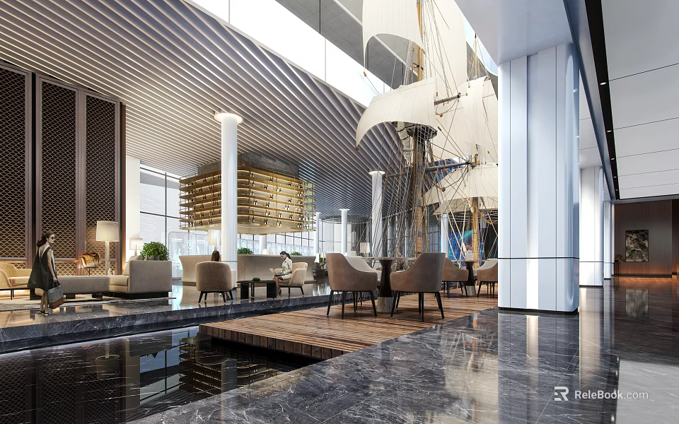 Modern Sales Office Lobby Design With Luxury Sofa And Contemporary Lighting Elements 3d model 