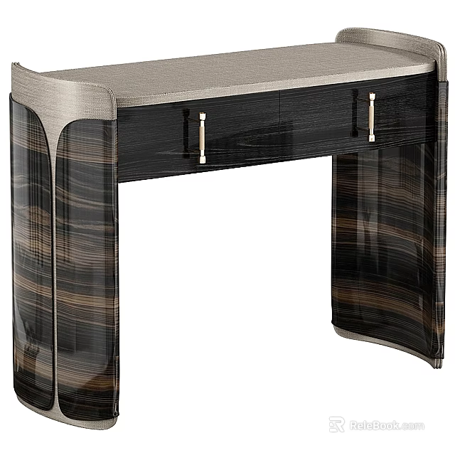 Elegant Modern Desk With Silver Top Black Drawers Metal Handles And Striped Legs 3d model 