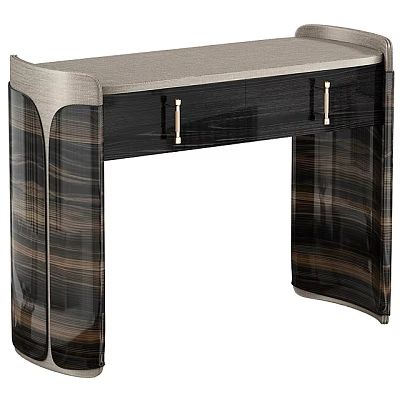 Elegant Modern Desk With Silver Top Black Drawers Metal Handles And Striped Legs 3d model