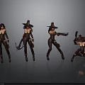 Female Characters In Brown Leather Outfits Wide Brimmed Hats And Weapons Various Action Poses