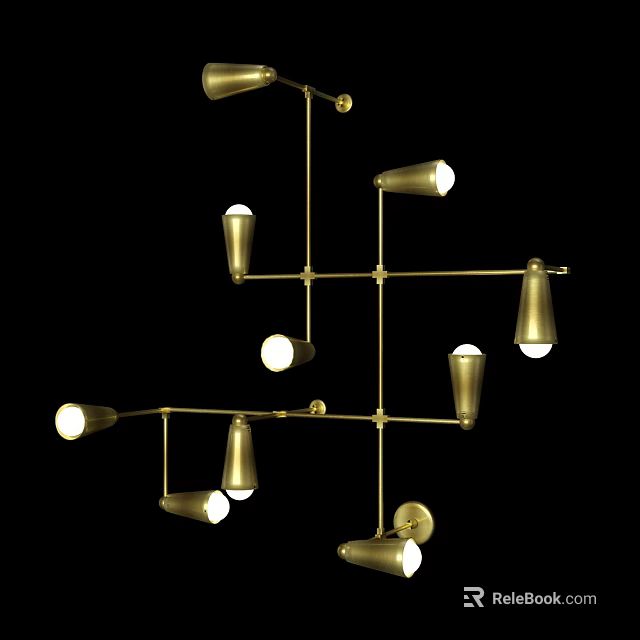Elegant Modern Brass Chandelier With Geometric Structure Branching Arms And Illuminated Bulbs 3d model 