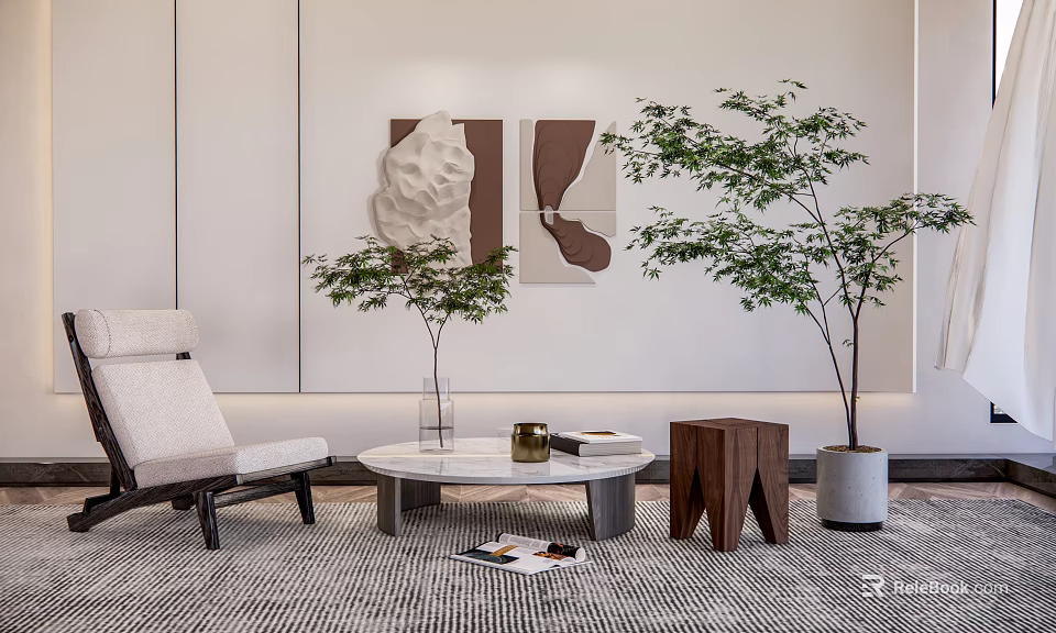 Modern Single Sofa In Modern Living Room With Decorative Paintings Plants Coffee Table And Rug 3d model 