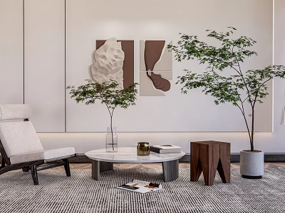 Modern Single Sofa In Modern Living Room With Decorative Paintings Plants Coffee Table And Rug 3d model