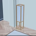 Modern Wooden Frame Floor Lamp With Grid Patterned Shade And Warm Lighting