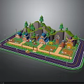 Modern 3D Cartoon Village Scenery With Colorful Buildings Windmill And Green Hills