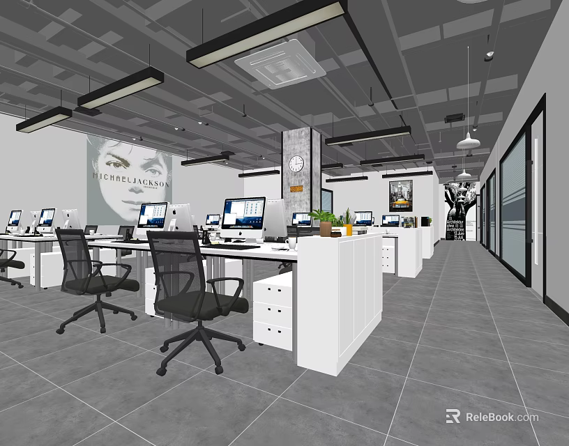 Modern Public Office Space With Workstations Computers Ergonomic Chairs And Potted Plants 3d model