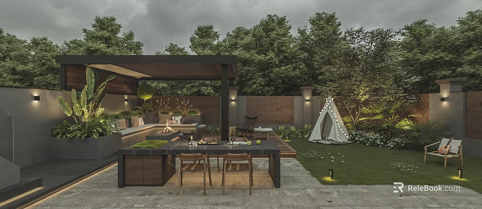 Courtyard Garden Design With Wooden Pergola Outdoor Dining Area Green Plants And Stone Flooring 3d model 