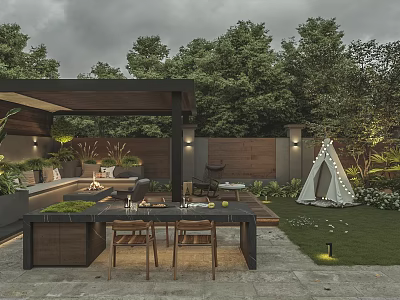Courtyard Garden Design With Wooden Pergola Outdoor Dining Area Green Plants And Stone Flooring 3d model