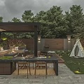 Courtyard Garden Design With Wooden Pergola Outdoor Dining Area Green Plants And Stone Flooring